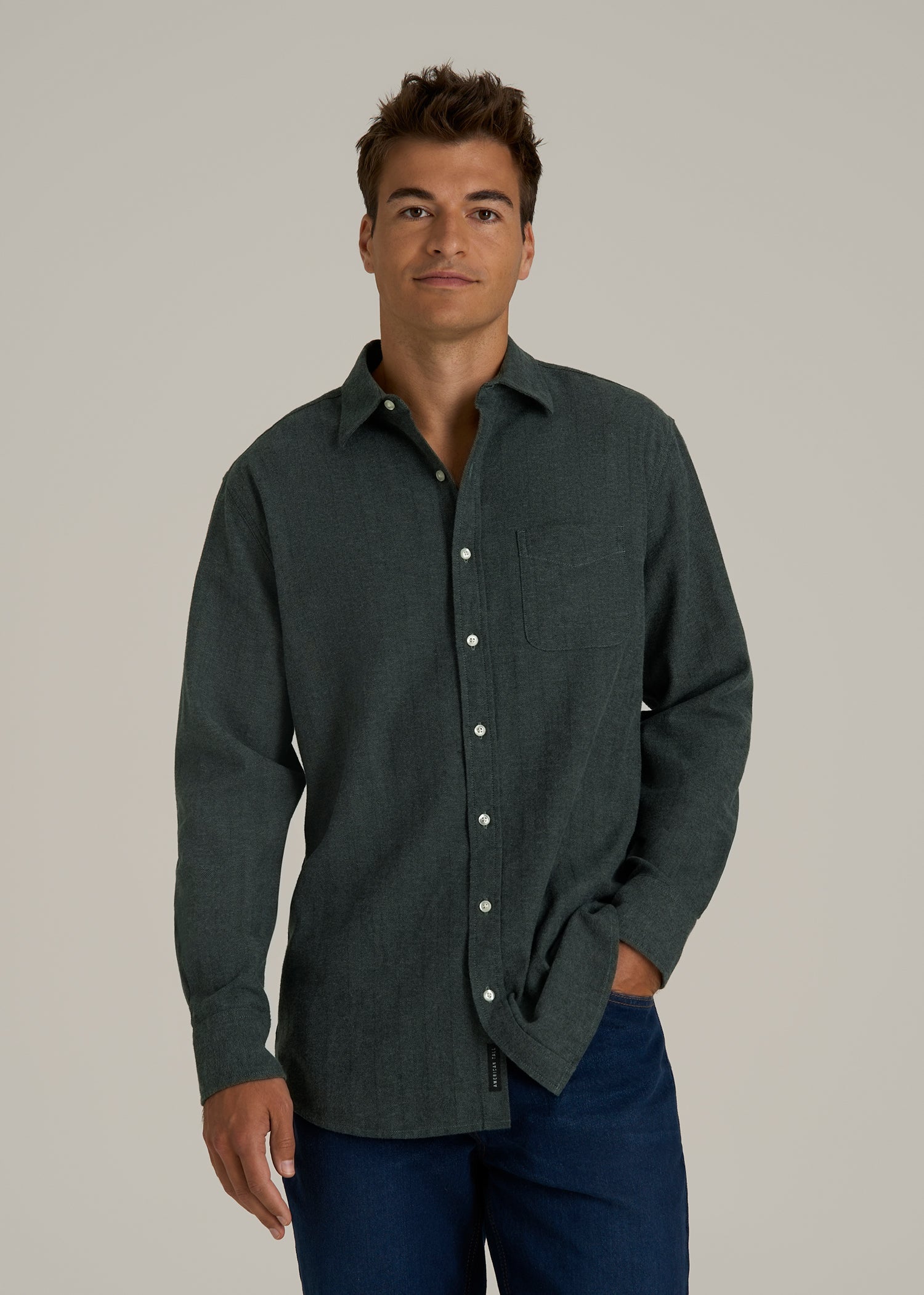 Nelson Flannel Shirt for Tall Men in Balsam Green Chevron
