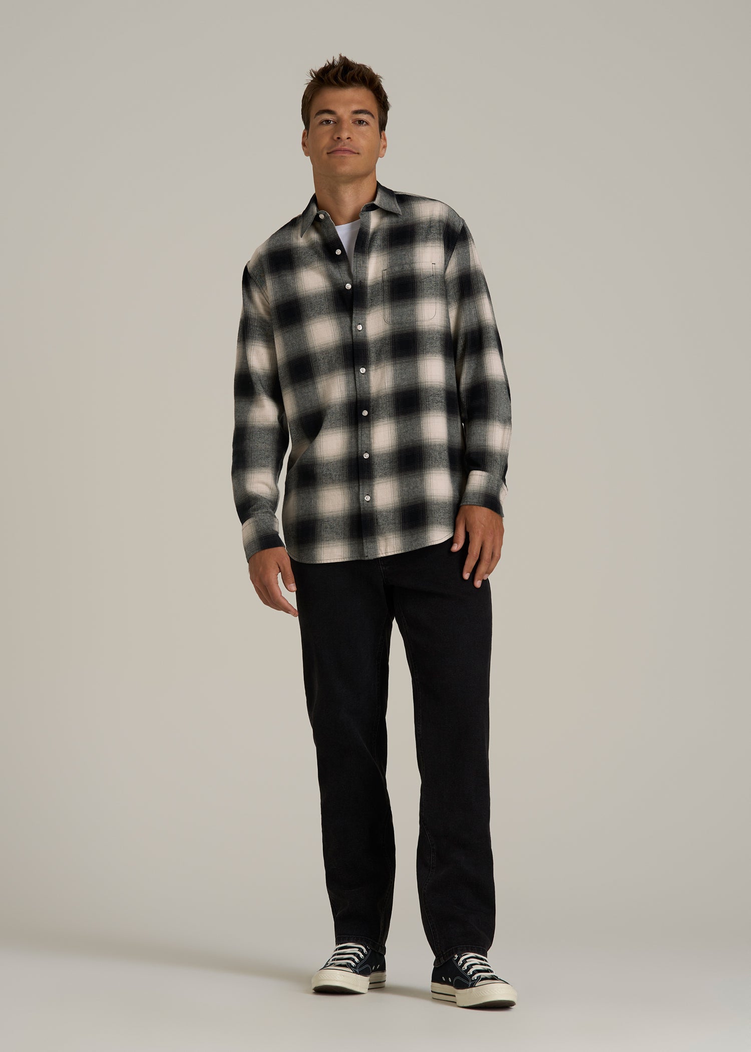 Nelson Flannel Shirt for Tall Men in Beige Blur Plaid