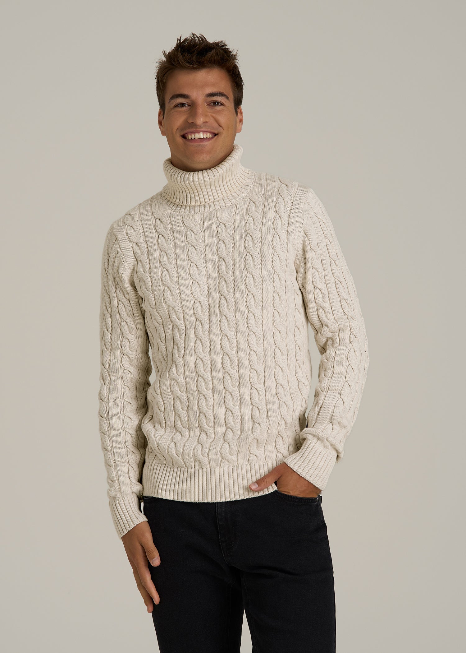 Cable Knit Turtleneck for Tall Men in Soft Beige