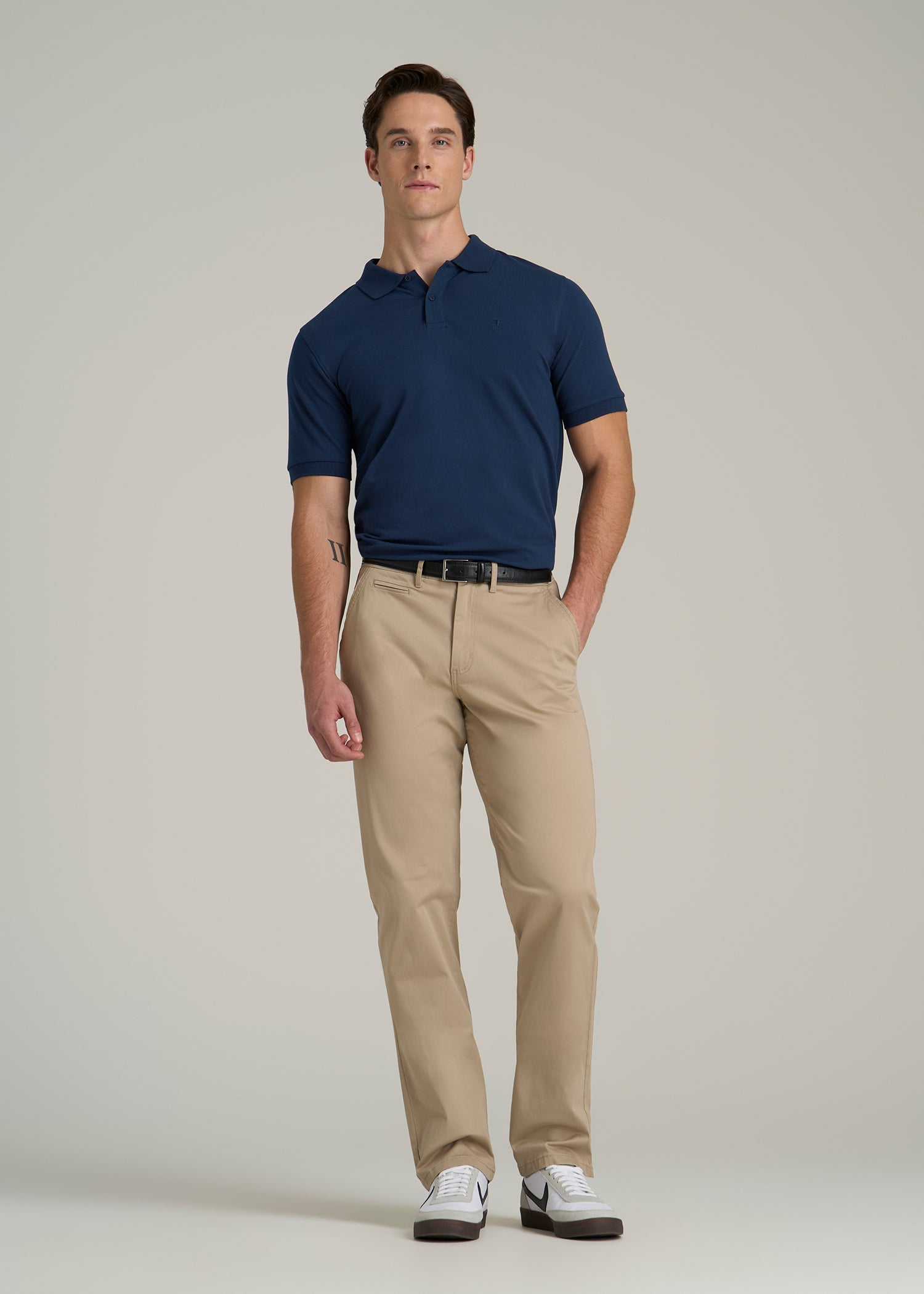 Classic Polo with Embroidered Logo for Tall Men in Marine Navy