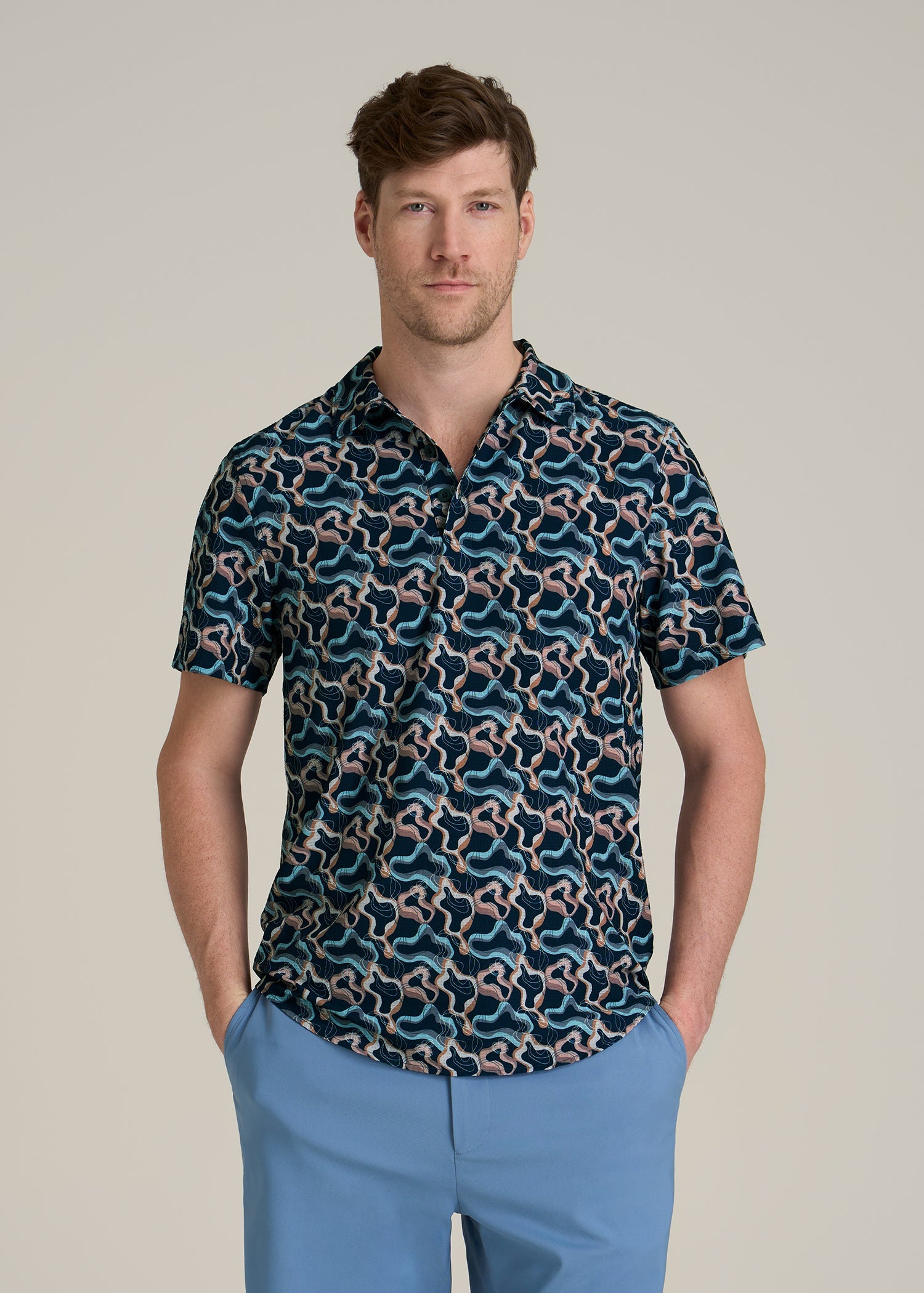Coastal Perforated Polo Shirt for Tall Men in Blue and Rose Abstract