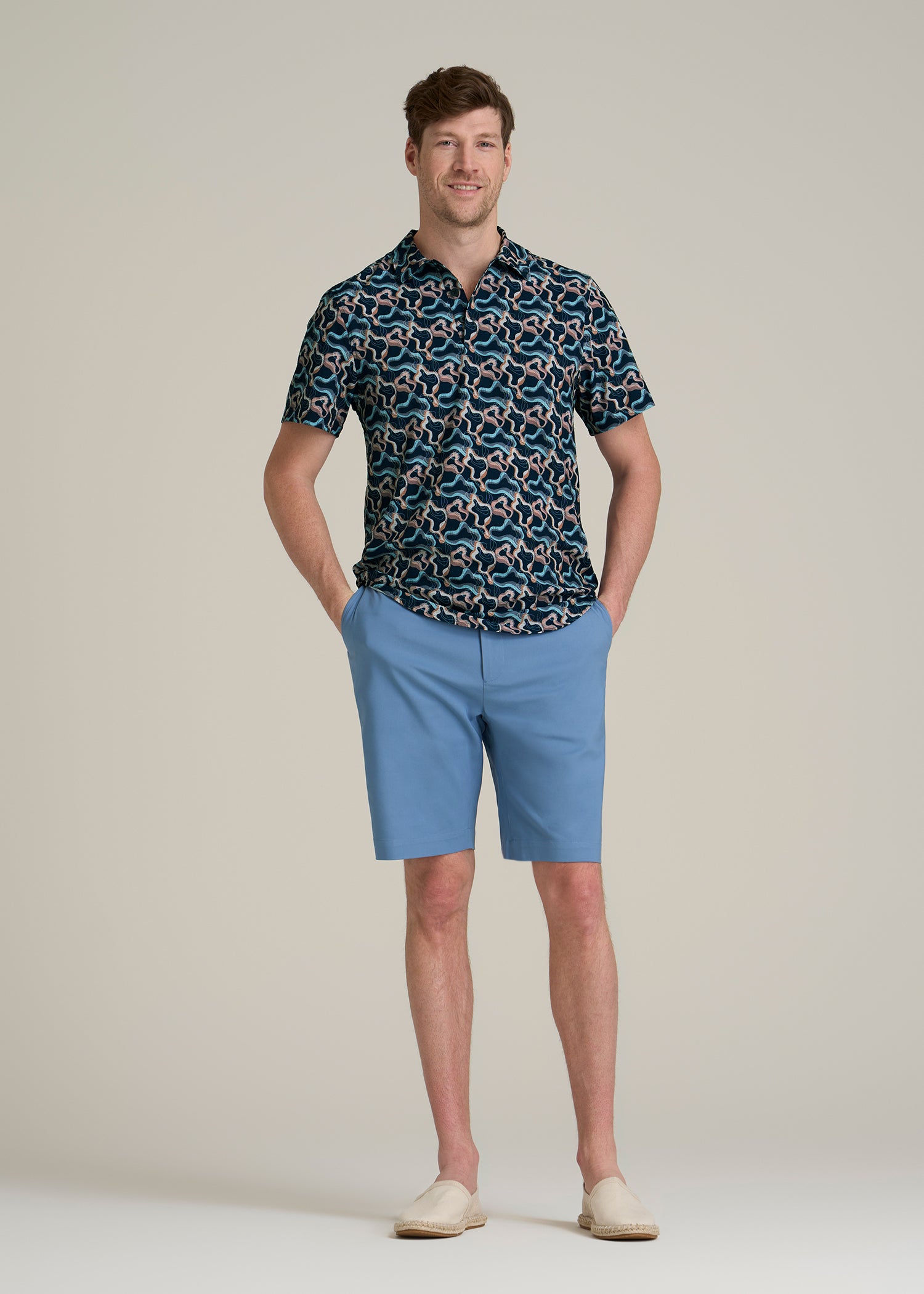 Coastal Perforated Polo Shirt for Tall Men in Blue and Rose Abstract