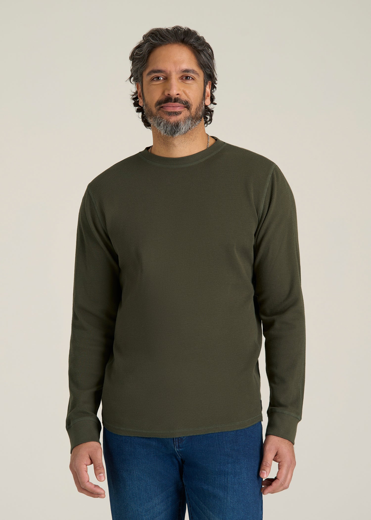 Double Honeycomb Thermal Crewneck for Tall Men in Dark Olive Green