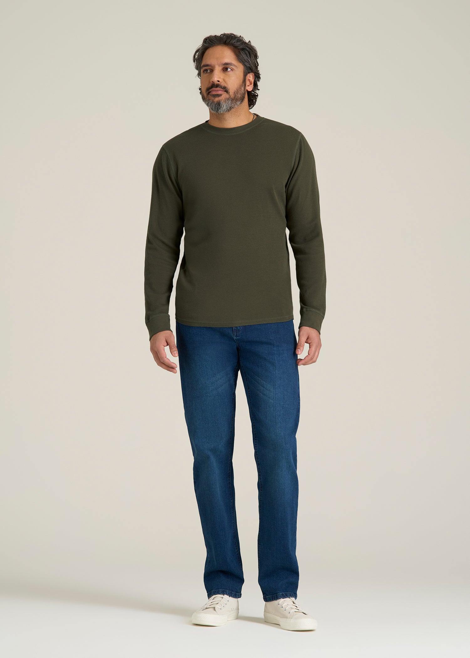 Double Honeycomb Thermal Crewneck for Tall Men in Dark Olive Green