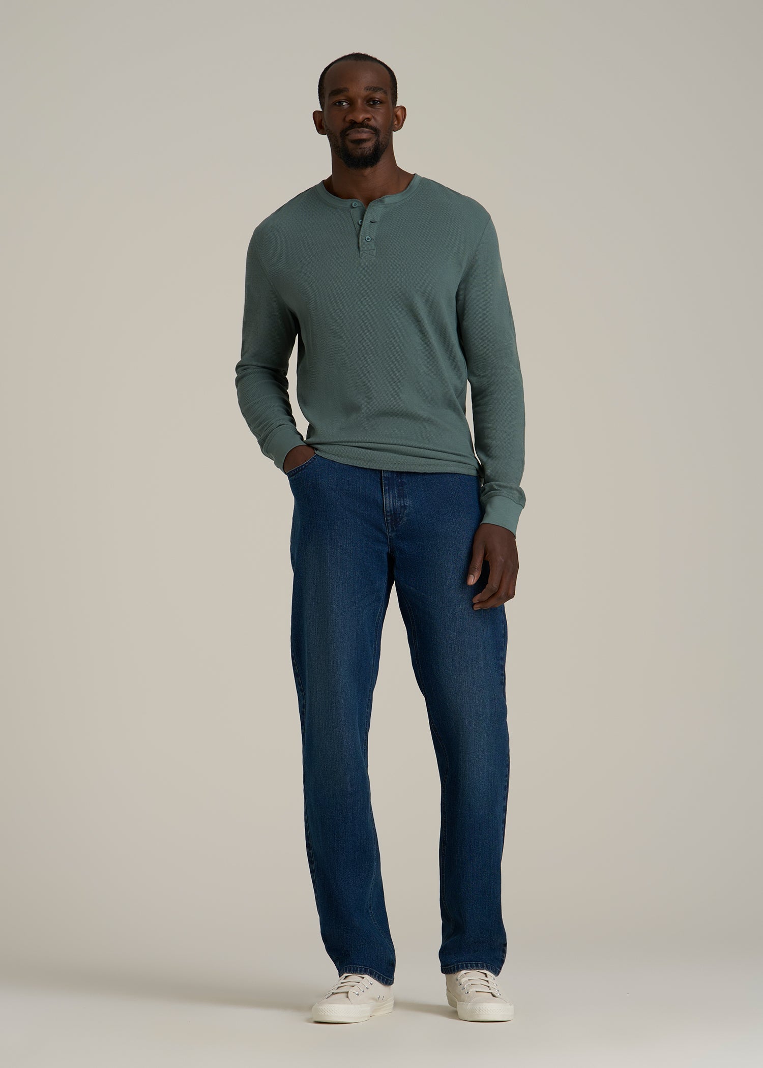 Double Honeycomb Thermal Long-Sleeve Henley Shirt for Tall Men in Balsam Green