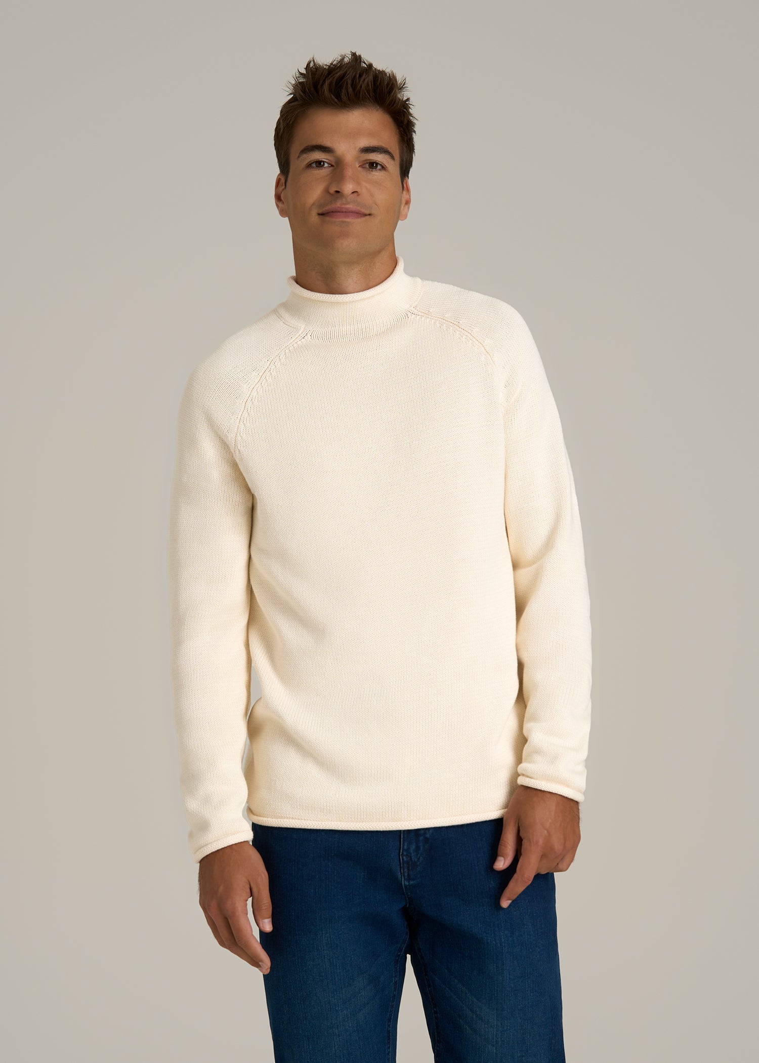 Fisherman Knit Rolled Mock Neck Sweater for Tall Men in Natural