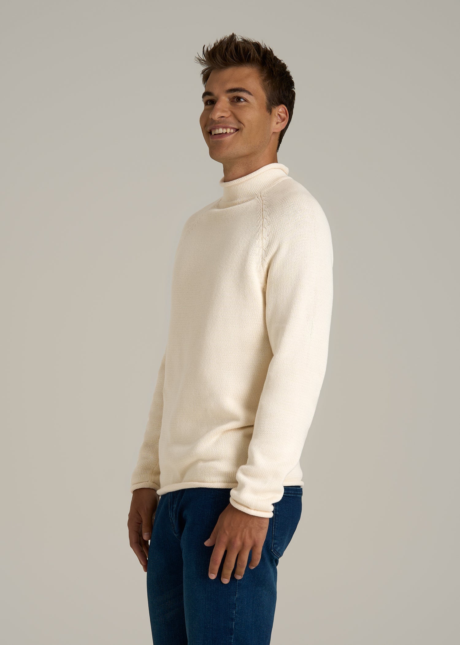 Fisherman Knit Rolled Mock Neck Sweater for Tall Men in Natural