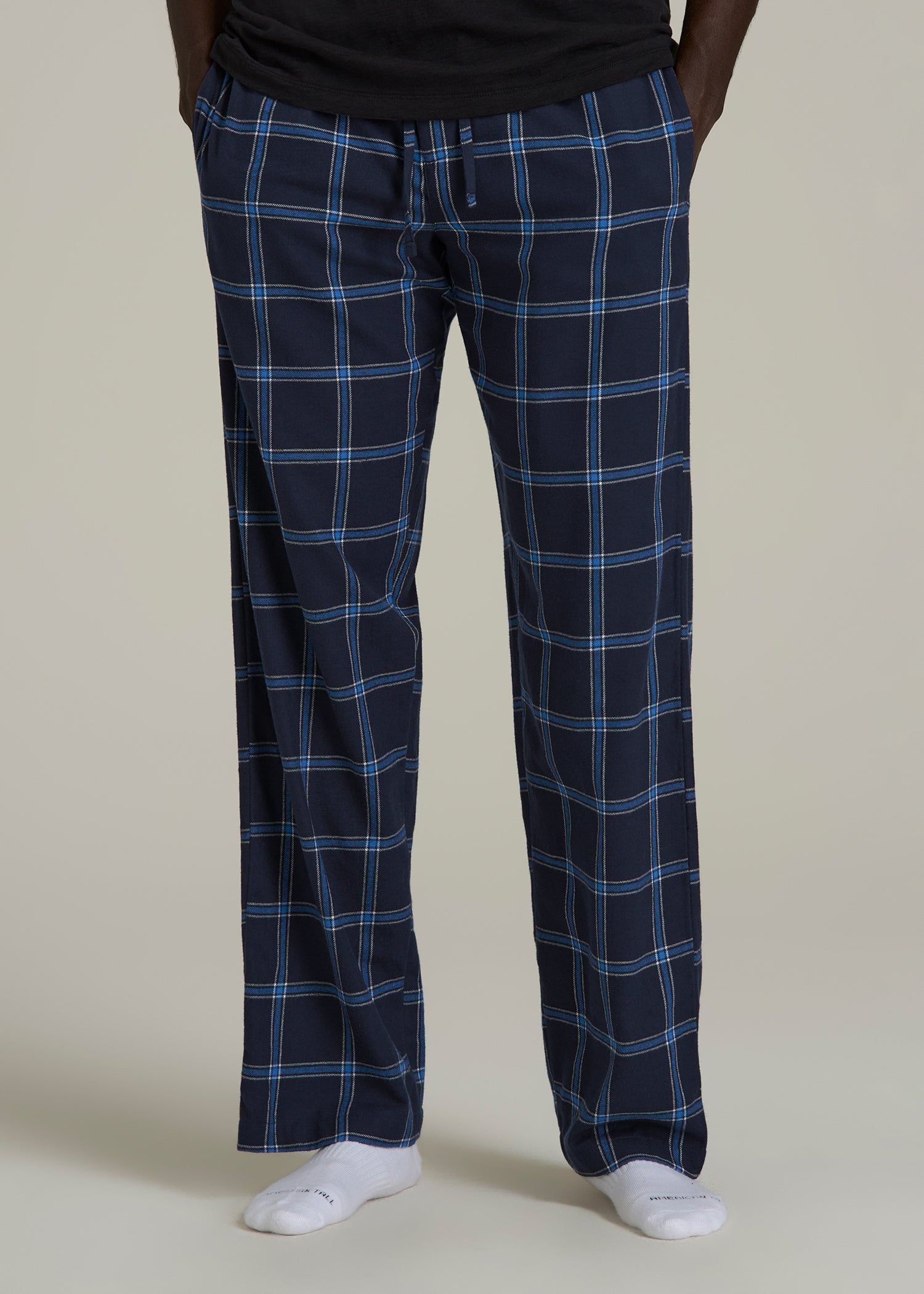 Flannel Pajama Pants for Tall Men in Navy and Blue Windowpane