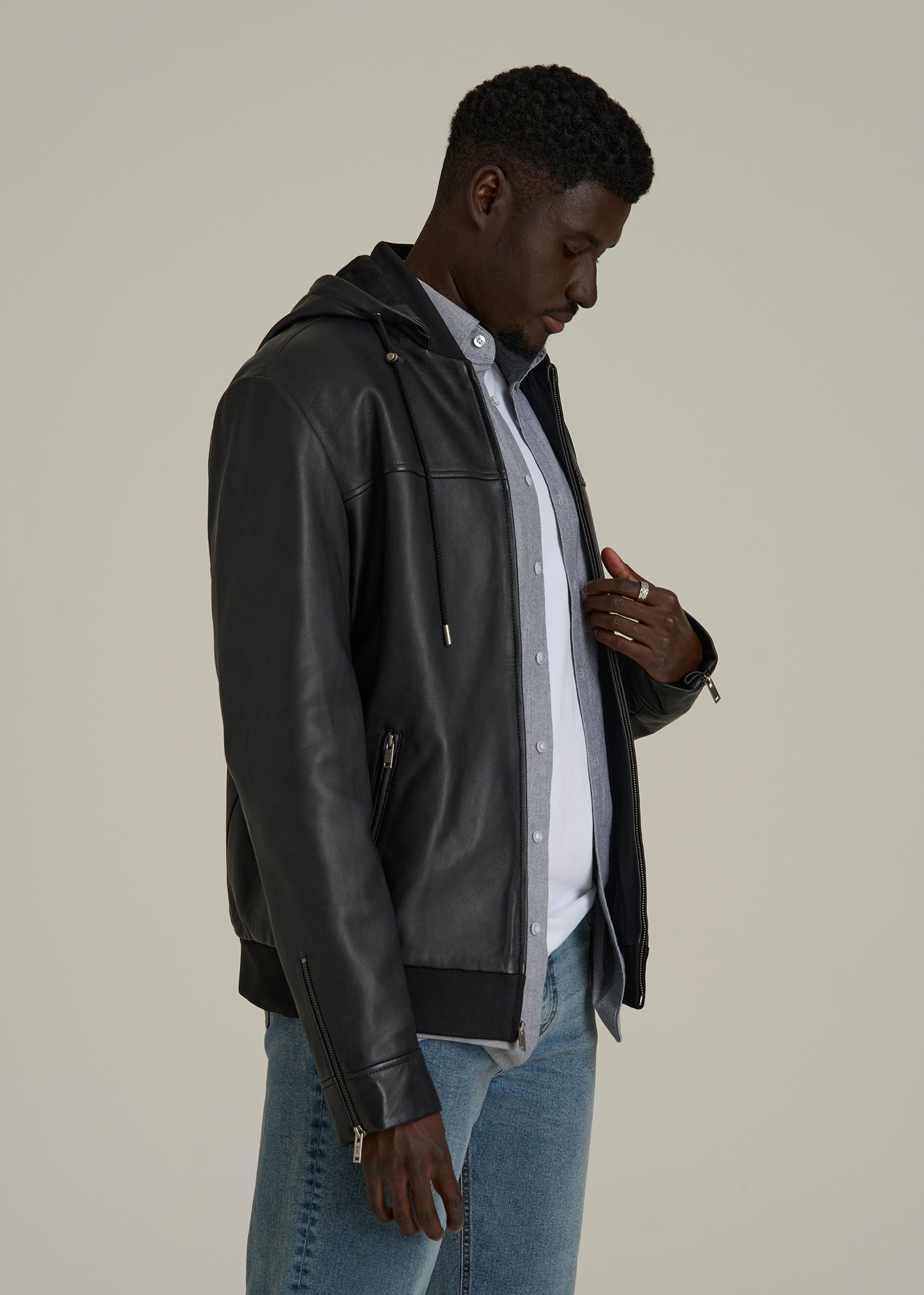 Genuine Leather Hooded Bomber for Tall Men in Black