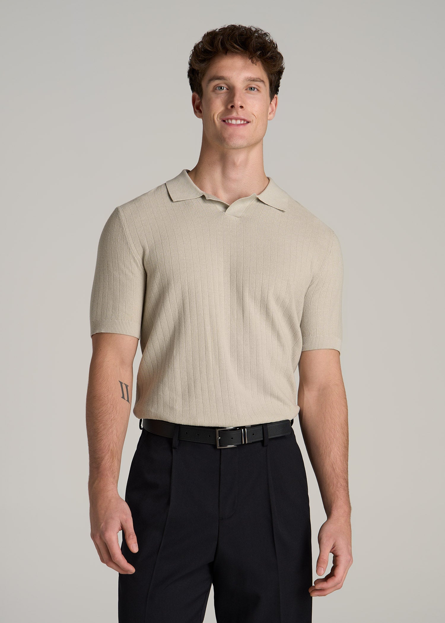 Linen Blend Ribbed Knit Polo Shirt for Tall Men in Stone
