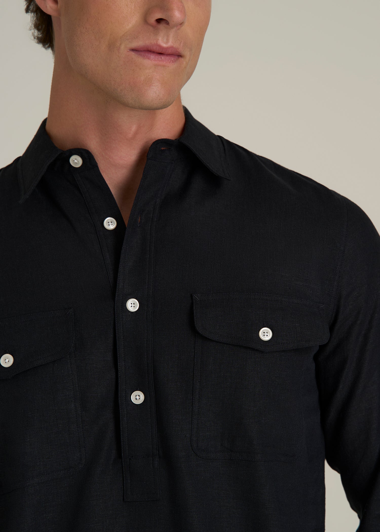 Linen Popover Shirt for Tall Men in Black
