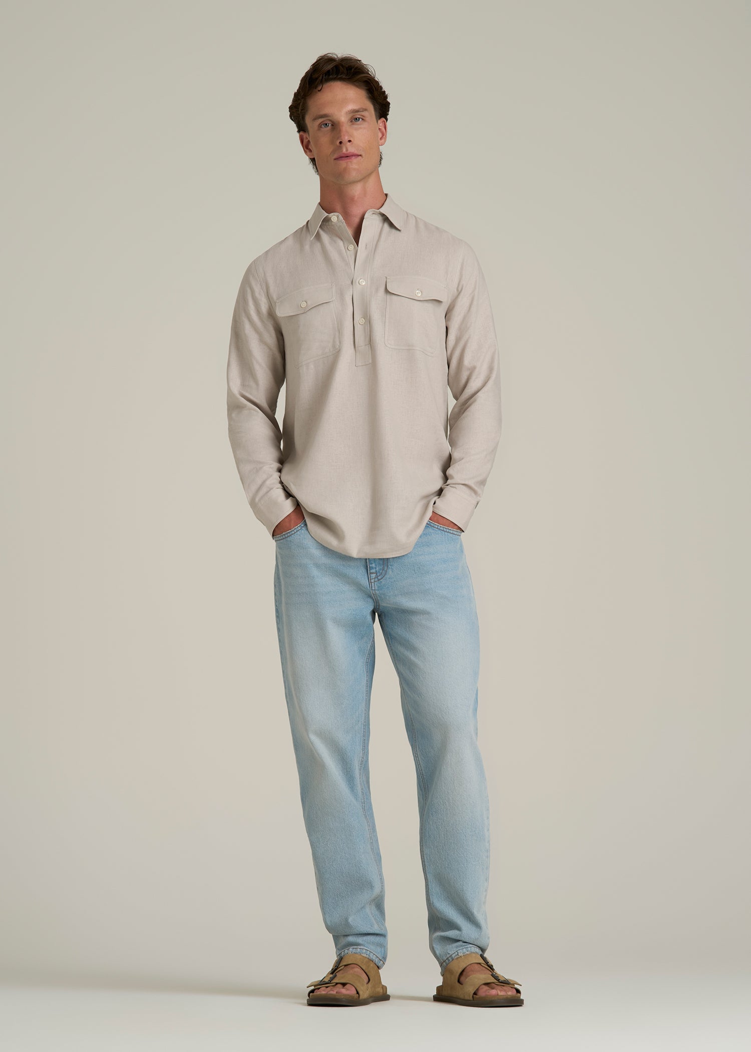Linen Popover Shirt for Tall Men in Light Taupe