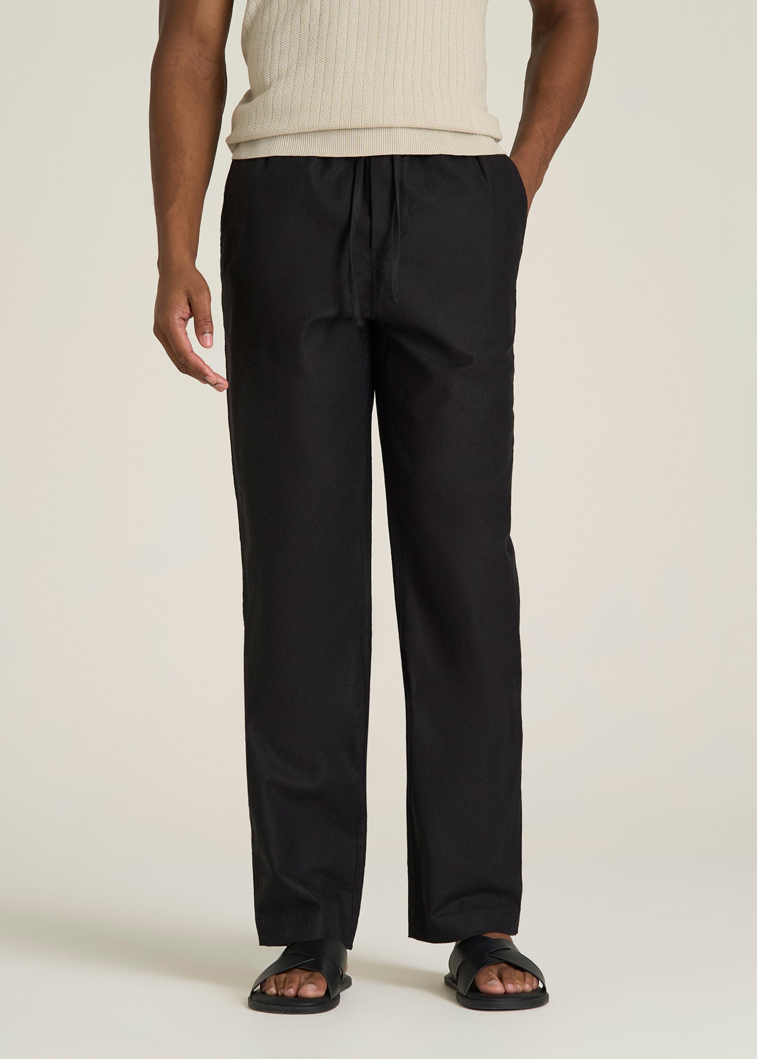 Stretch Cotton Linen Blend Pull-On Pants for Tall Men in Black