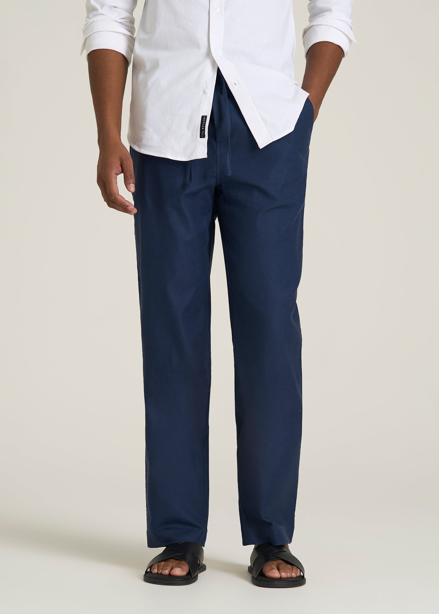 Stretch Cotton Linen Blend Pull-On Pants for Tall Men in Navy Blue