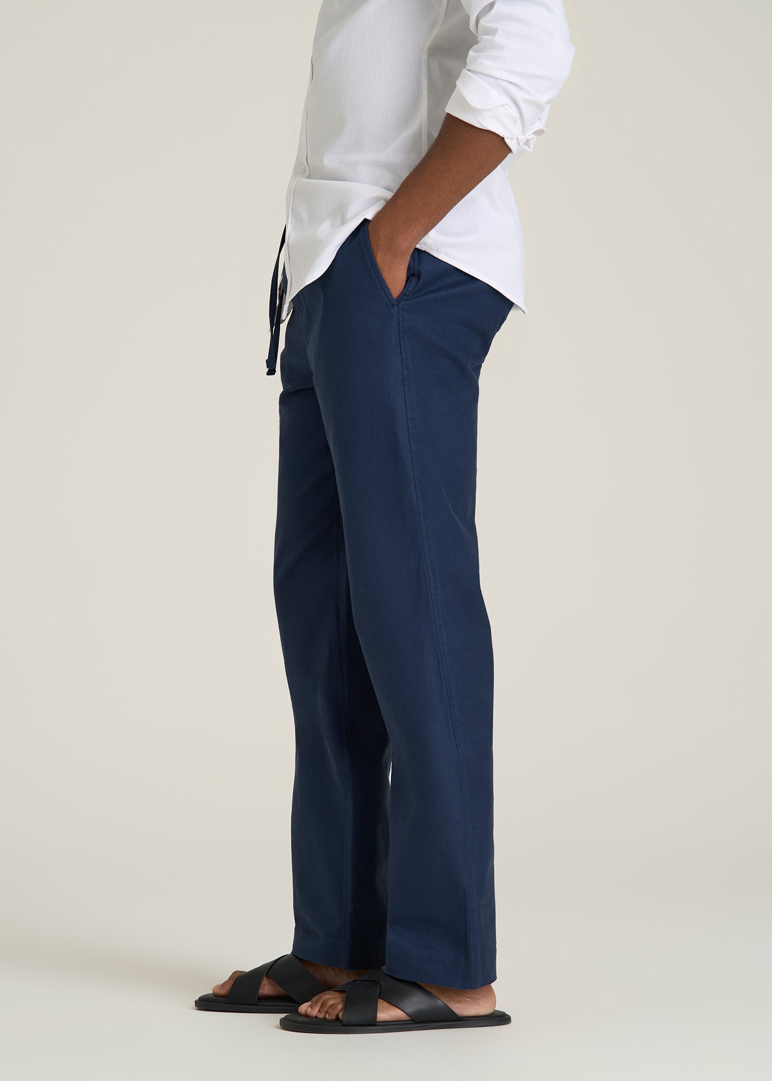 Stretch Cotton Linen Blend Pull-On Pants for Tall Men in Navy Blue