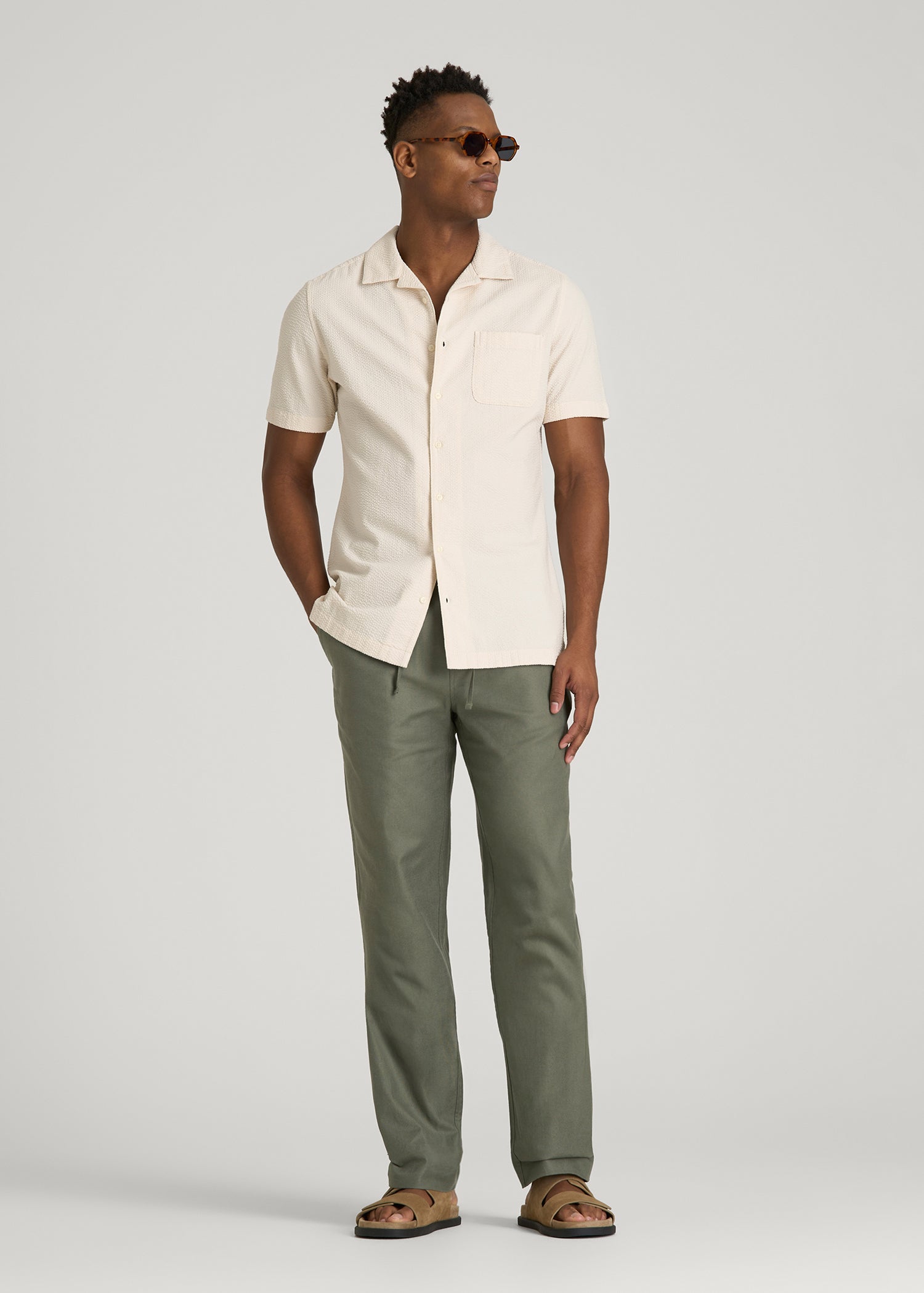 Stretch Cotton Linen Blend Pull-On Pants for Tall Men in Olive