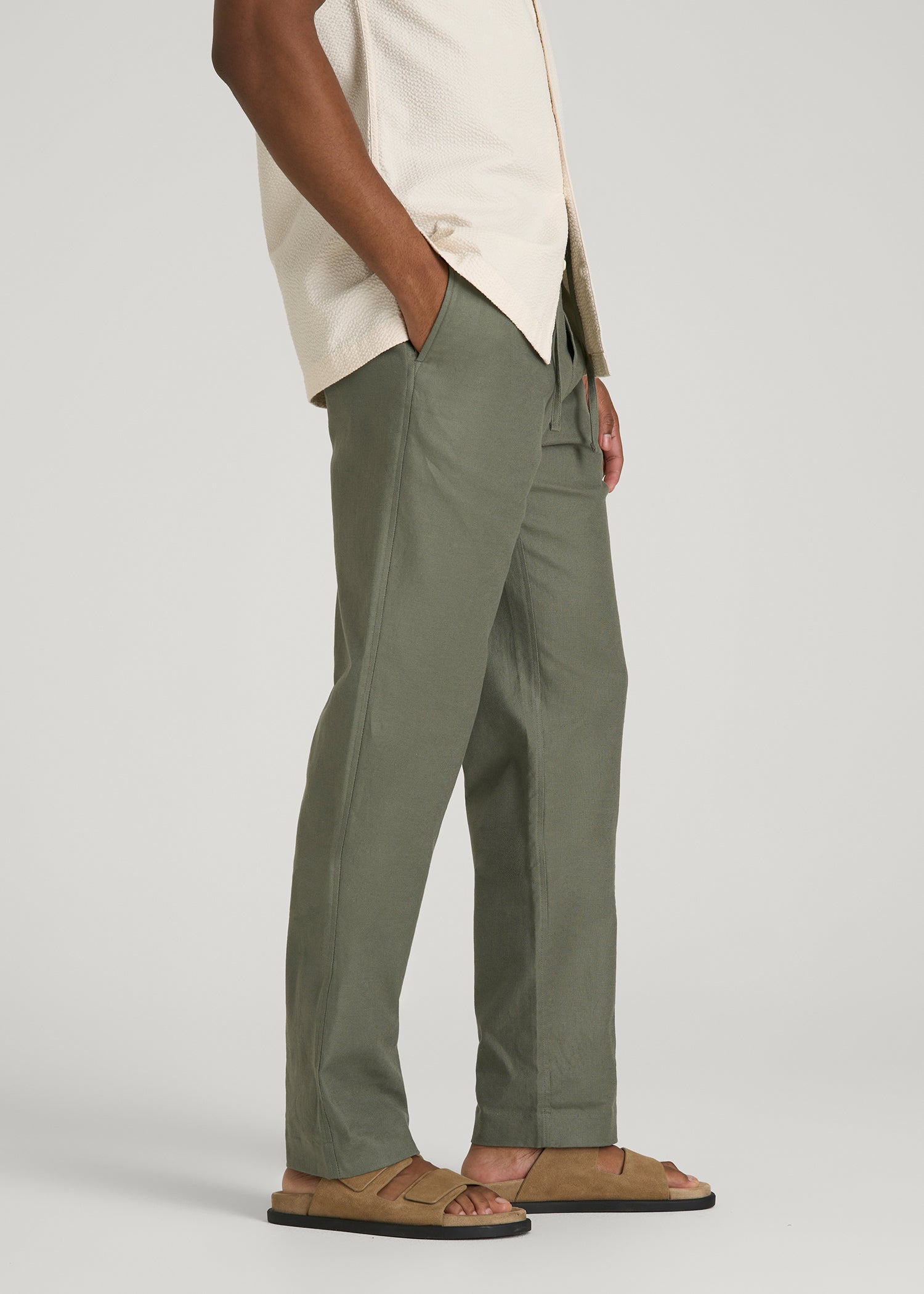 Stretch Cotton Linen Blend Pull-On Pants for Tall Men in Olive