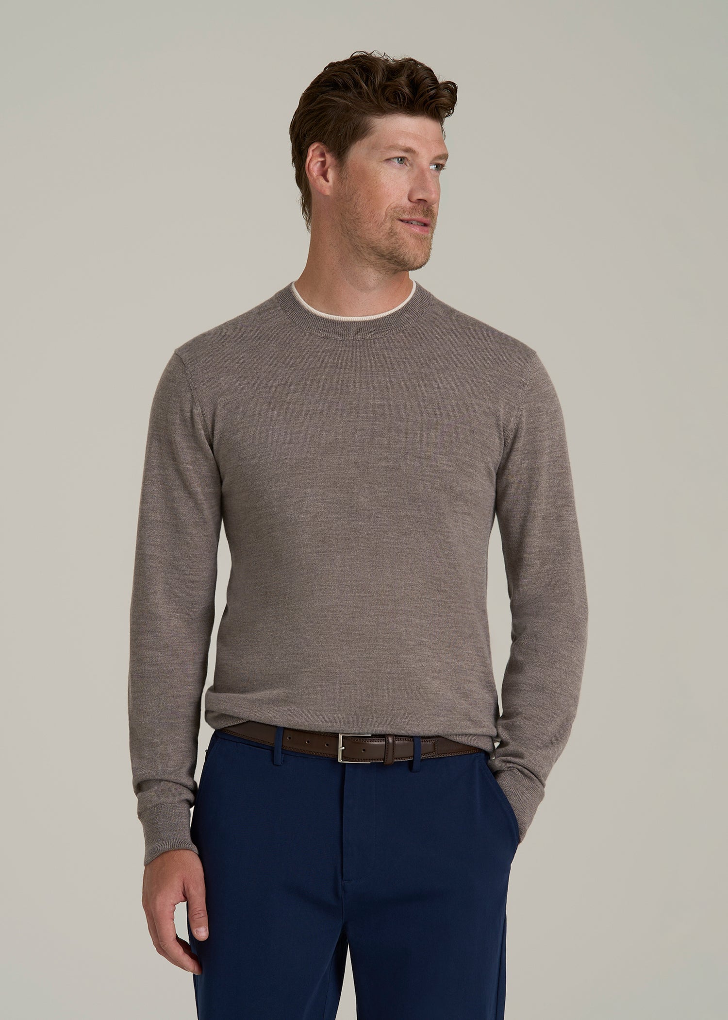Merino Wool Crewneck Tip Sweater for Tall Men in Pinecone