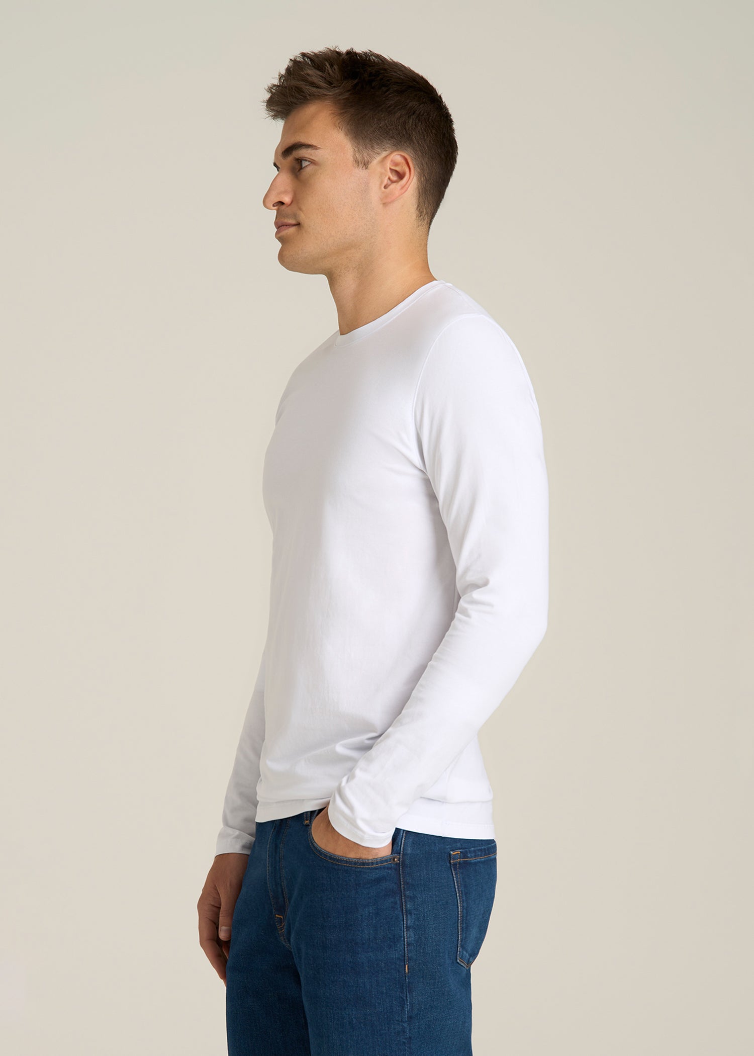 The Essential Modern Fit Crewneck Long Sleeve Tee for Tall Men in White