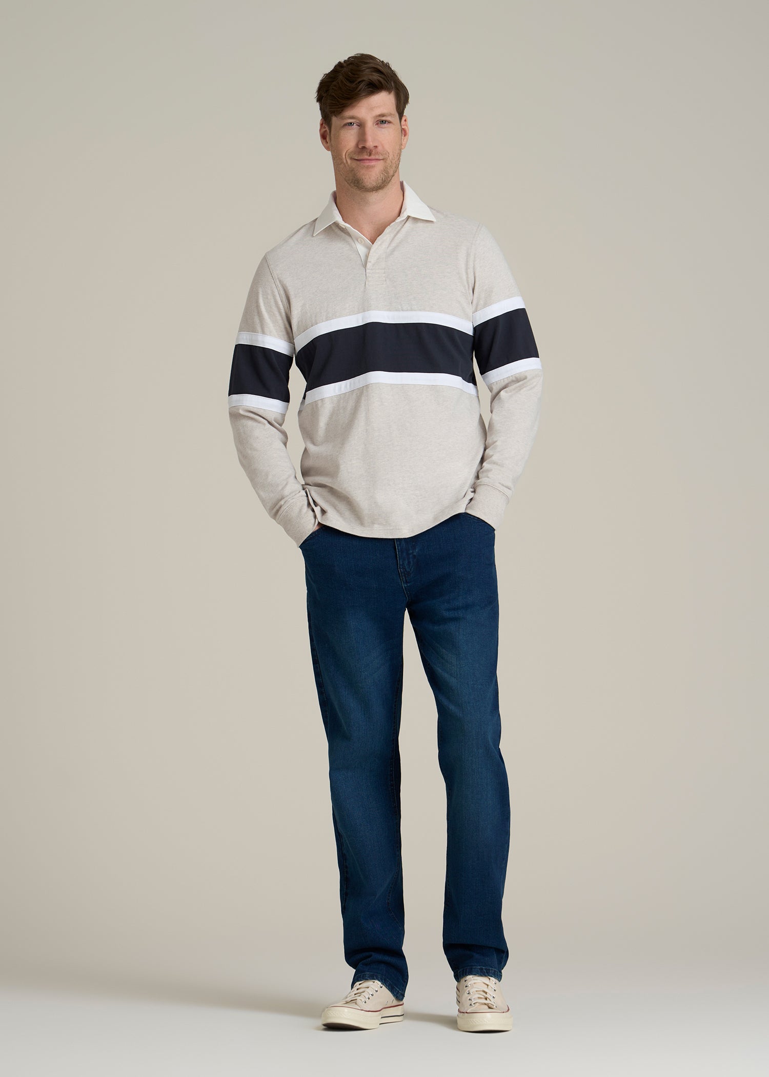 Rugby Long Sleeve Shirt for Tall Men in Oatmeal Heather Multi