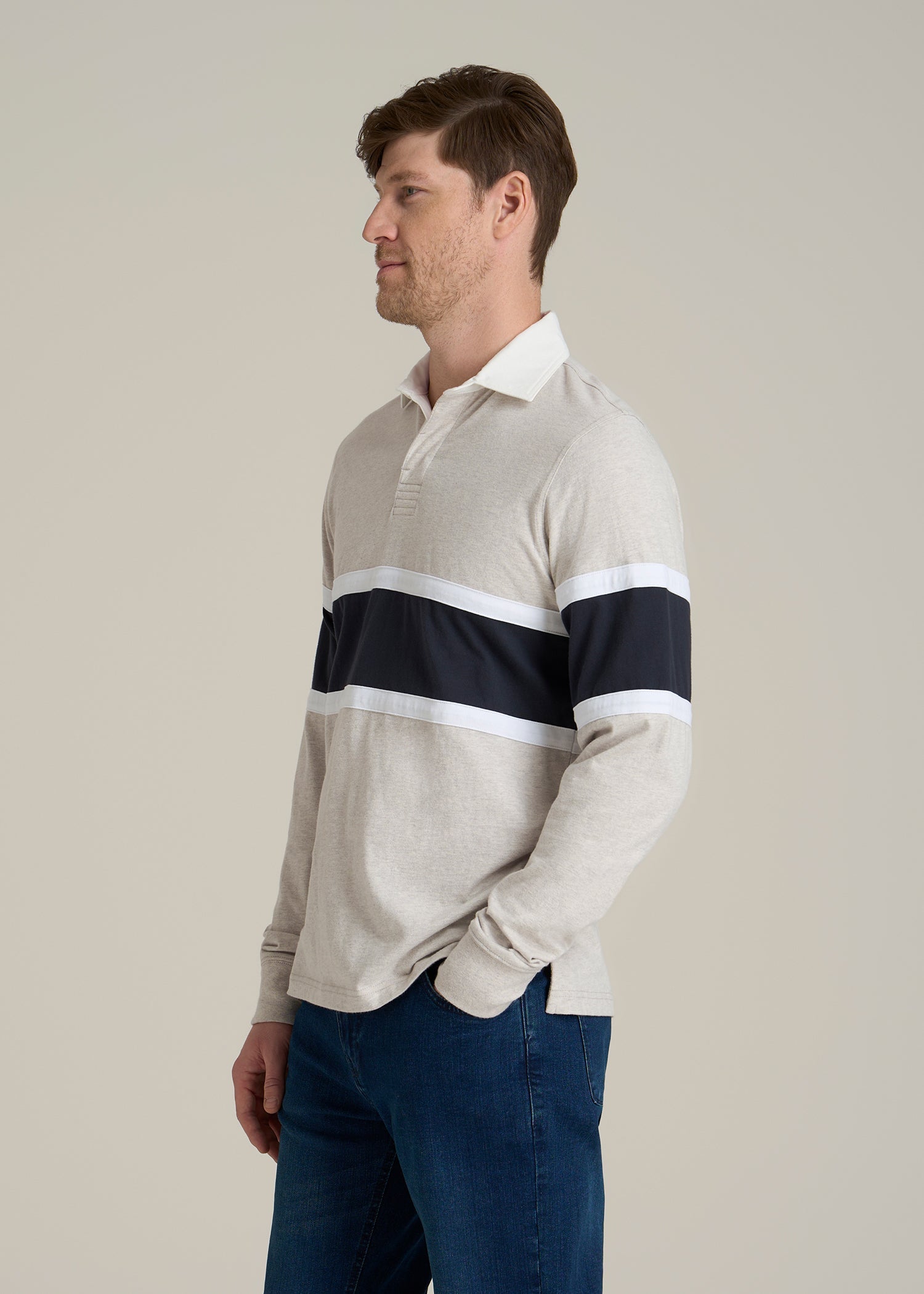 Rugby Long Sleeve Shirt for Tall Men in Oatmeal Heather Multi