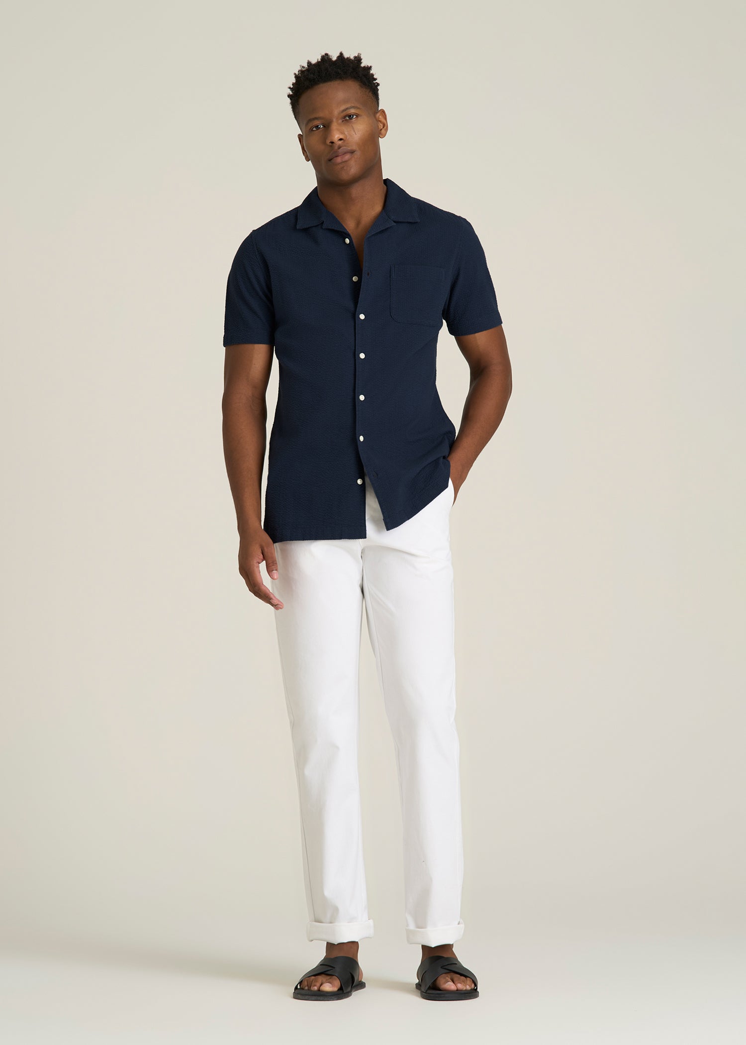 Seersucker Camp Collar Short Sleeve Shirt for Tall Men in Navy Blue