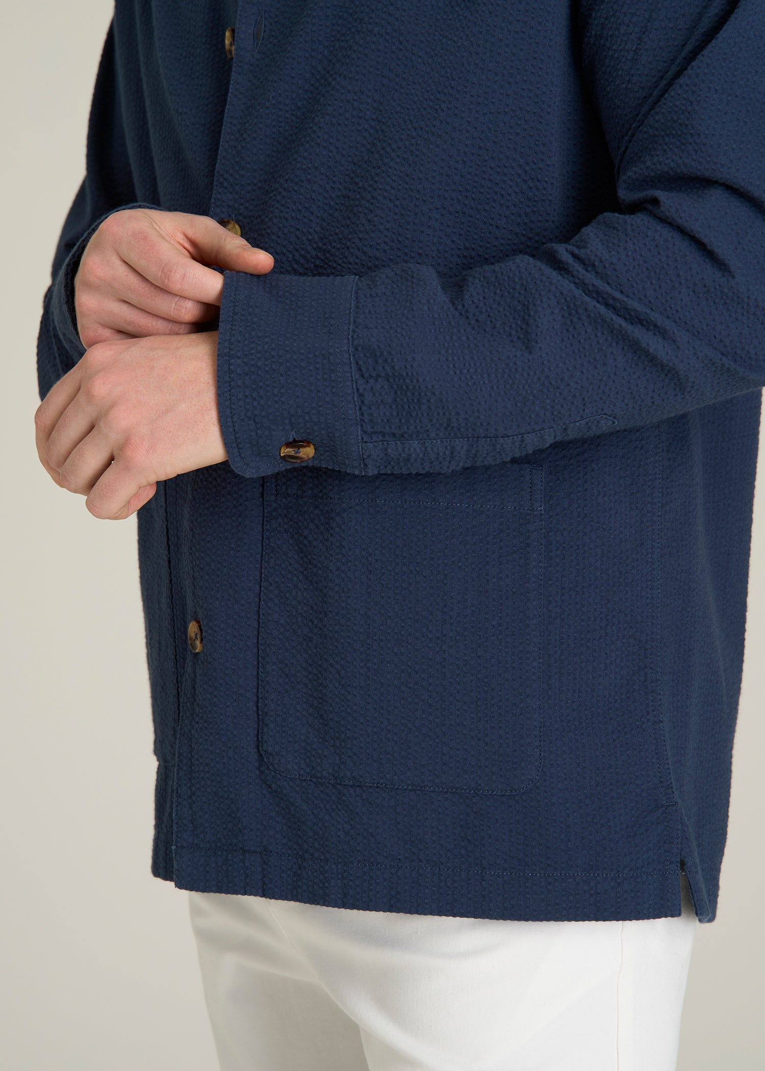 Seersucker Overshirt for Tall Men in Navy Blue