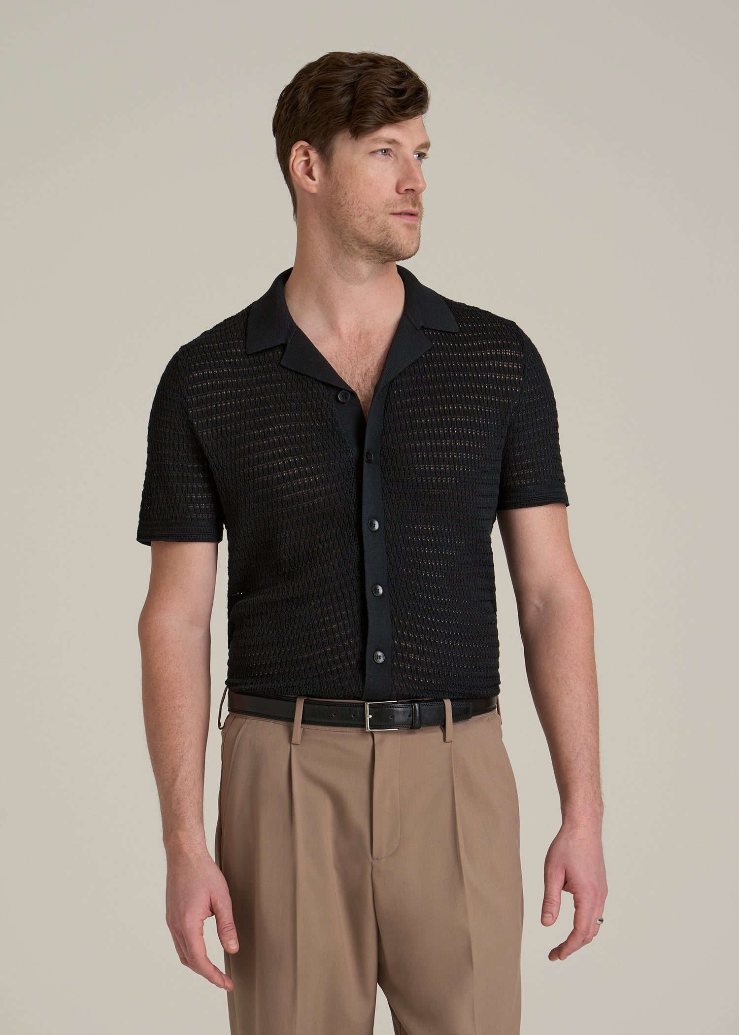 Short Sleeve Crochet Polo Cardigan for Tall Men in Black