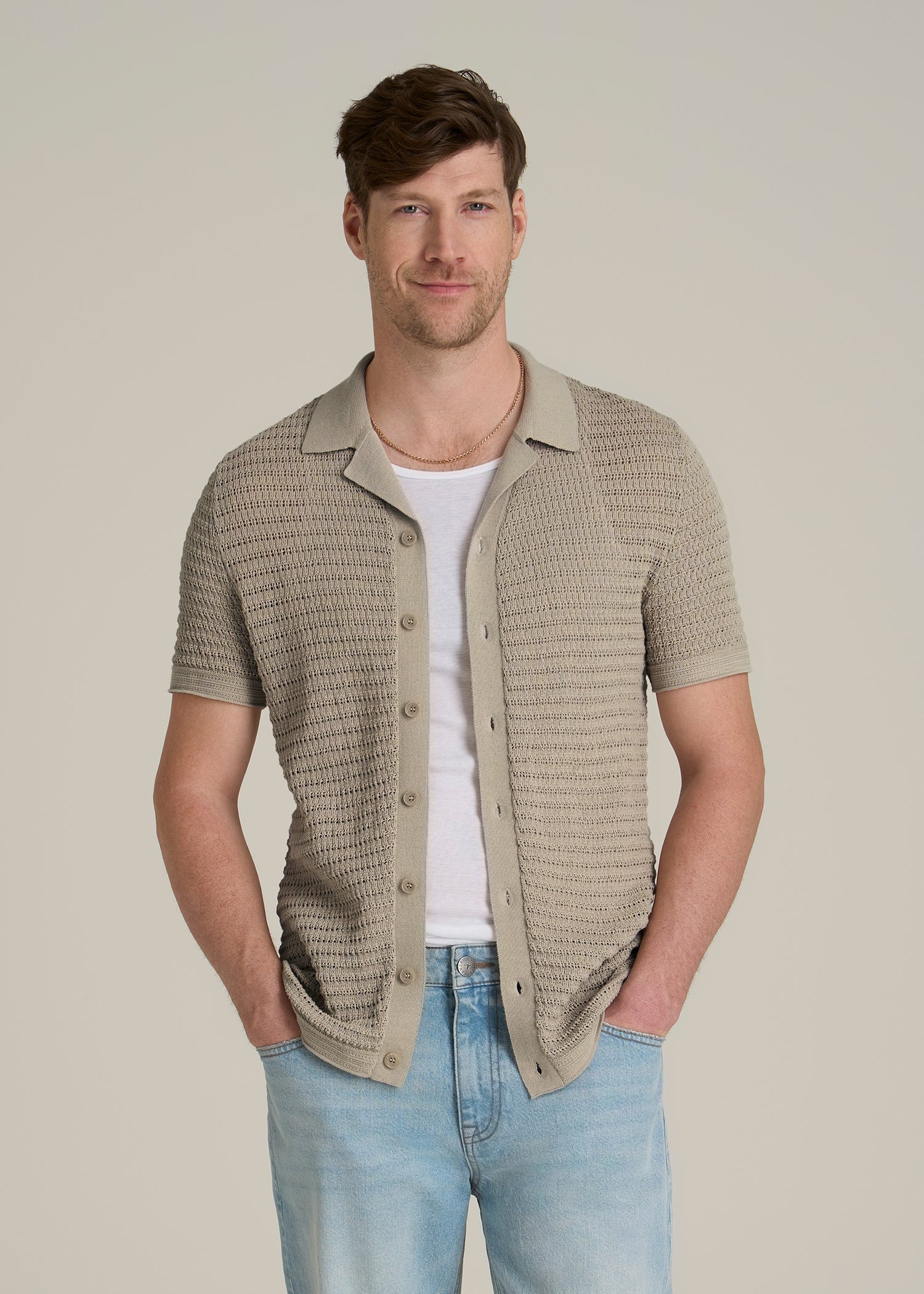 Short Sleeve Crochet Polo Cardigan for Tall Men in Light Khaki
