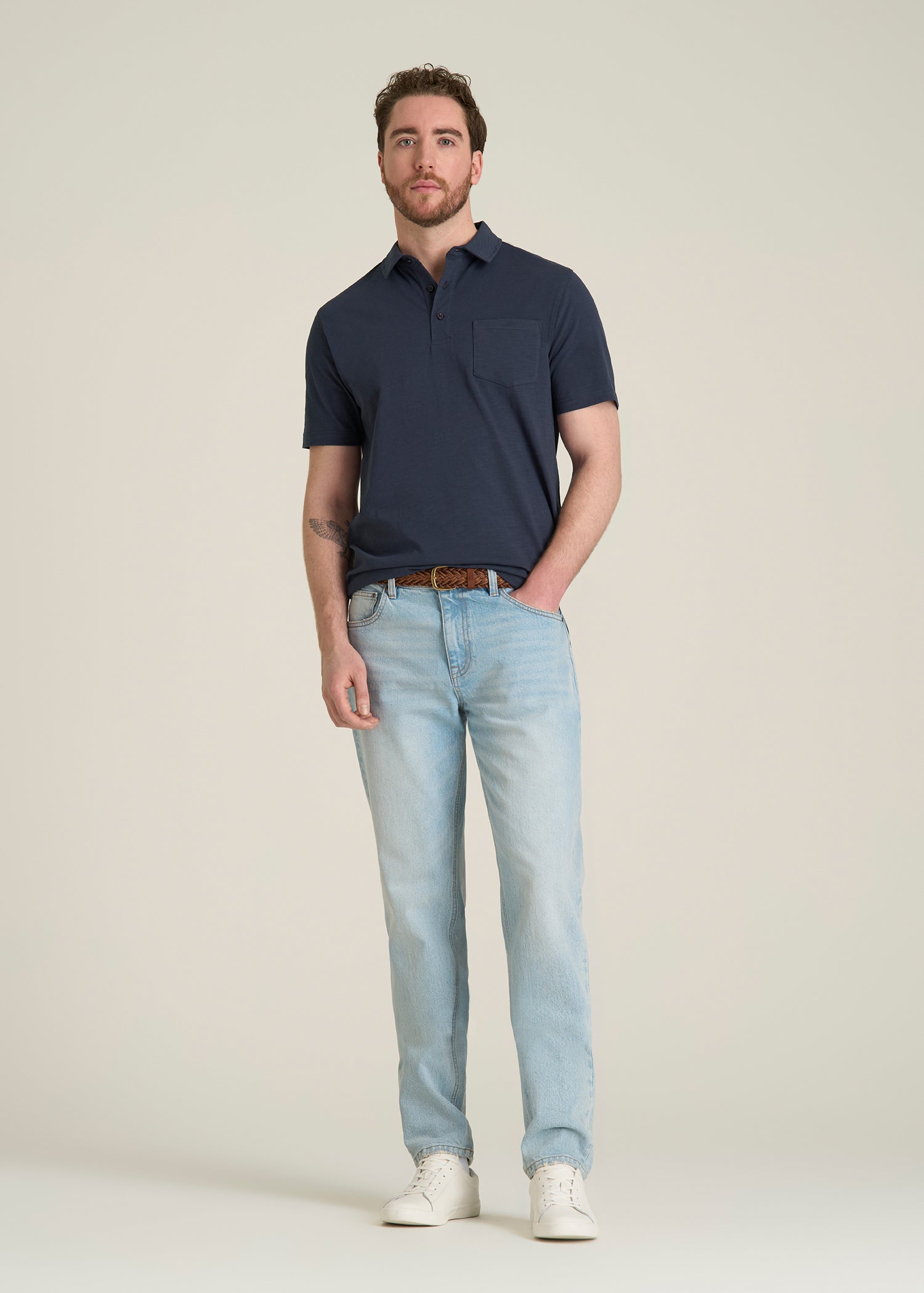 Slub Knit Polo with Pocket for Tall Men in Navy