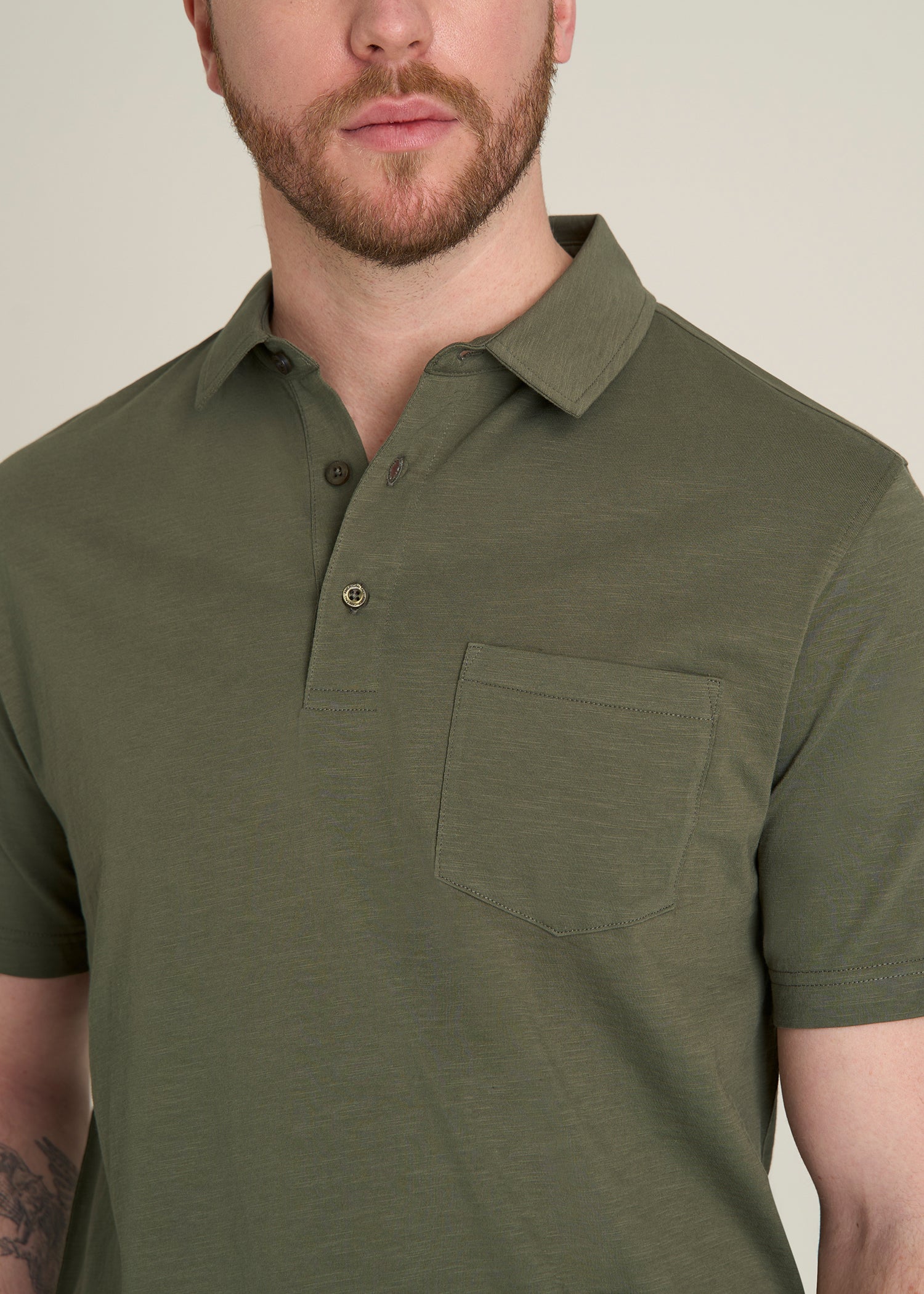 Slub Knit Polo with Pocket for Tall Men in Olive