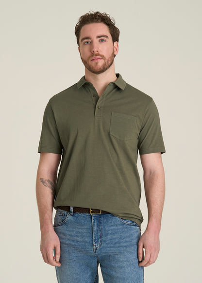 Slub Knit Polo with Pocket for Tall Men in Olive