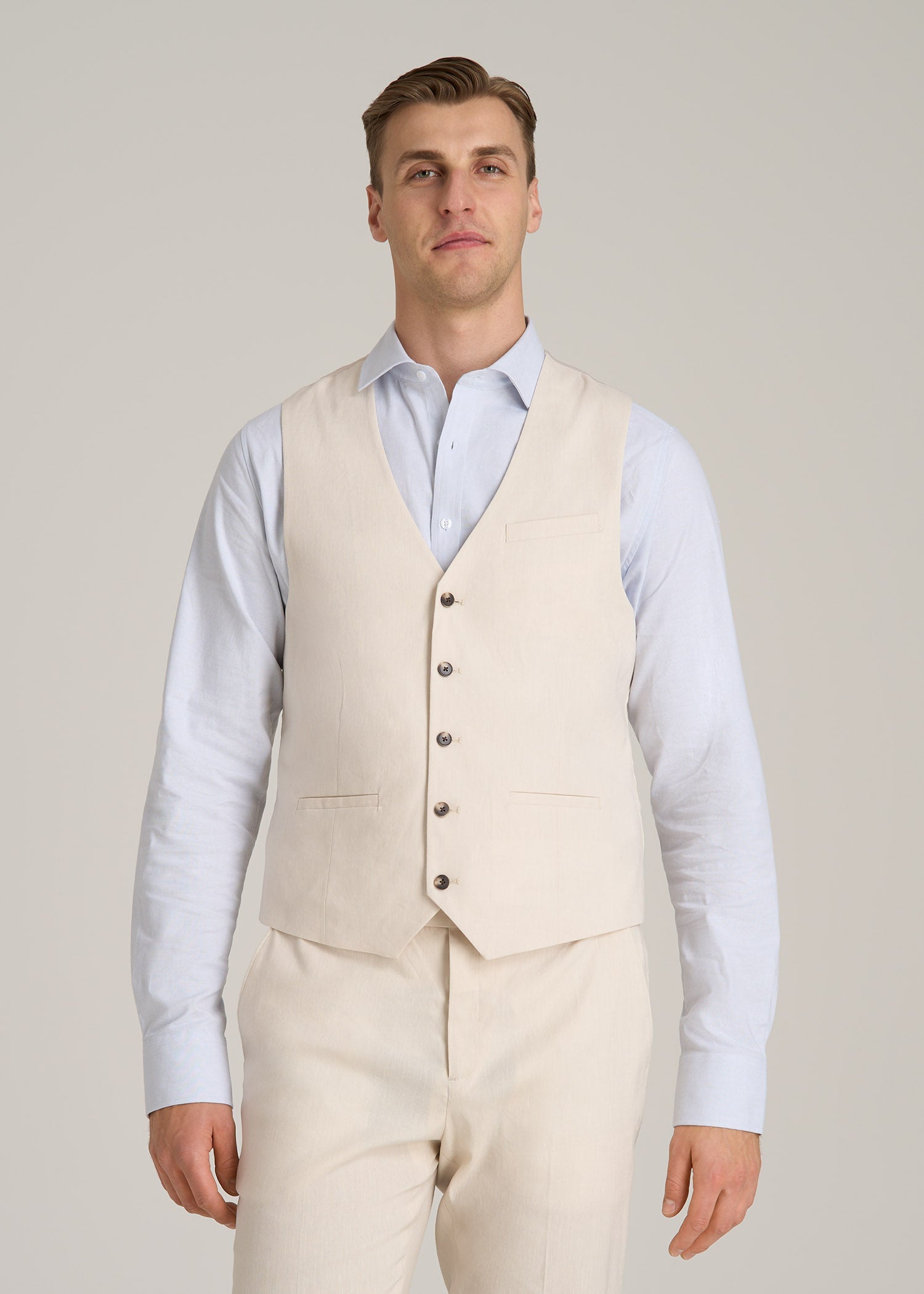 Stretch Linen Suit Vest for Tall Men in Light Beige Linen