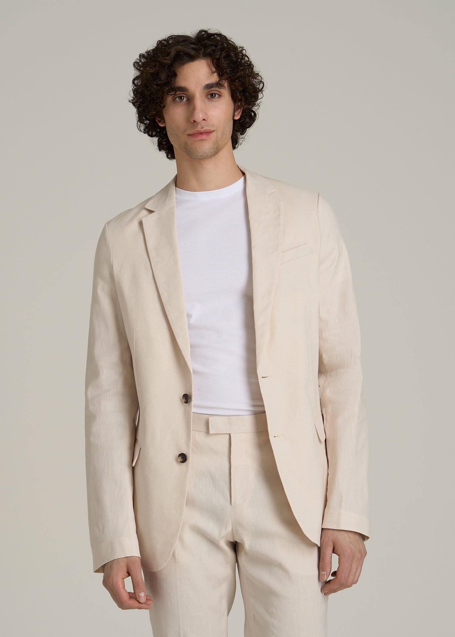 Stretch Linen Blazer for Tall Men in Light Beige Linen