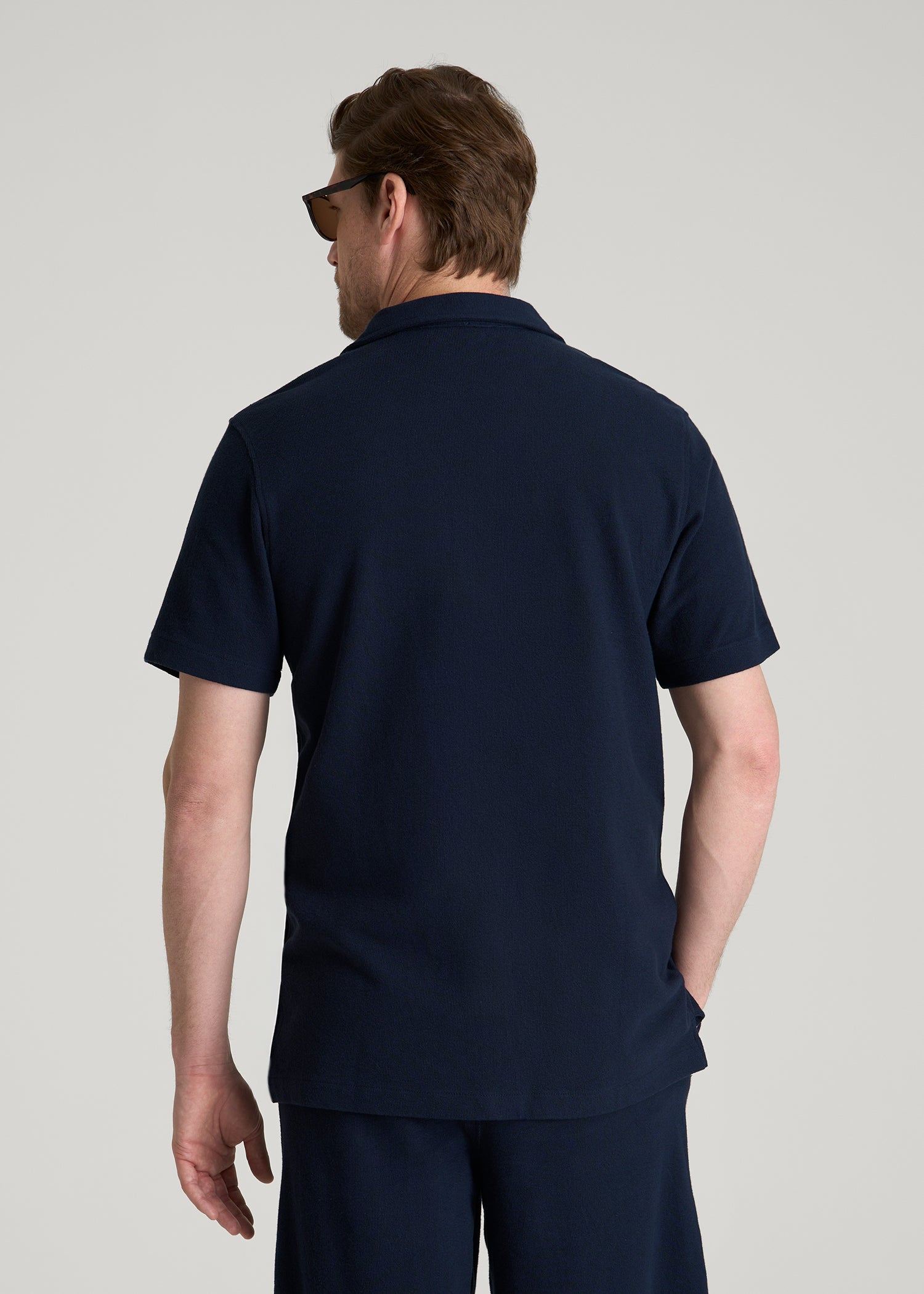 Terry Cotton Polo Cardigan for Tall Men in Patriot Blue