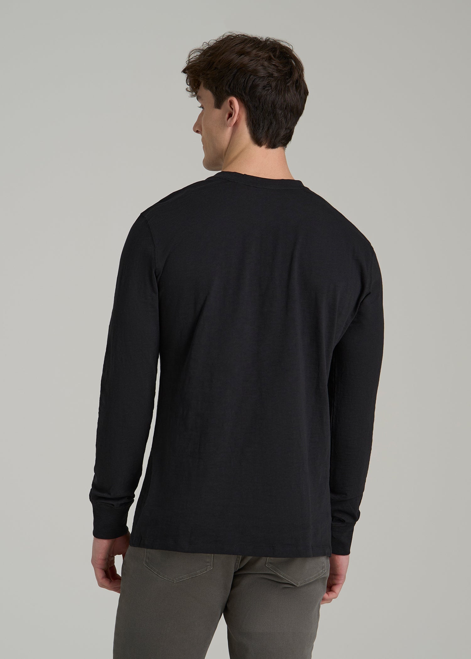 Three-Button Long Sleeve Slub Henley for Tall Men in Black