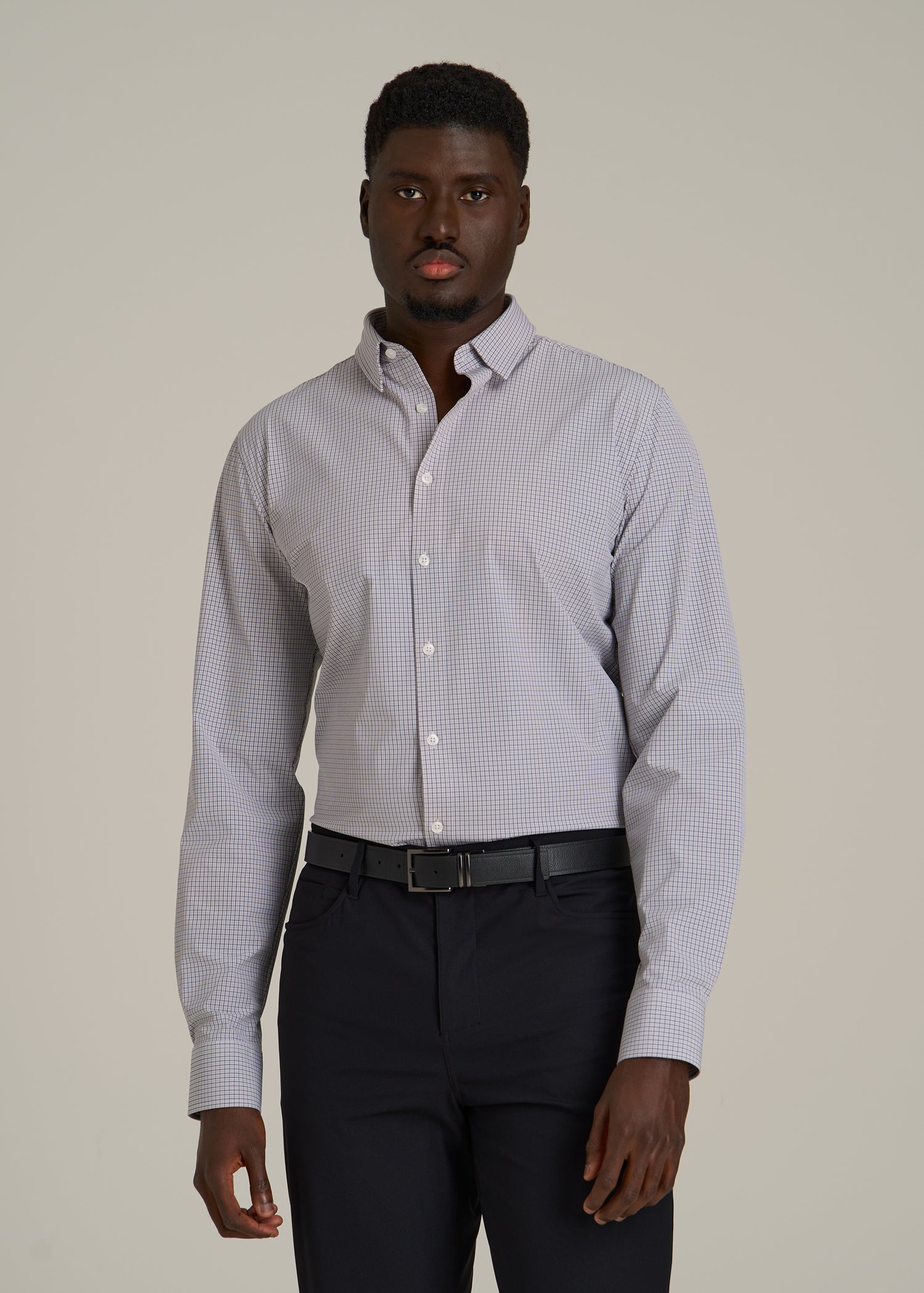 Traveler Stretch Dress Shirt in Grey Mini Plaid