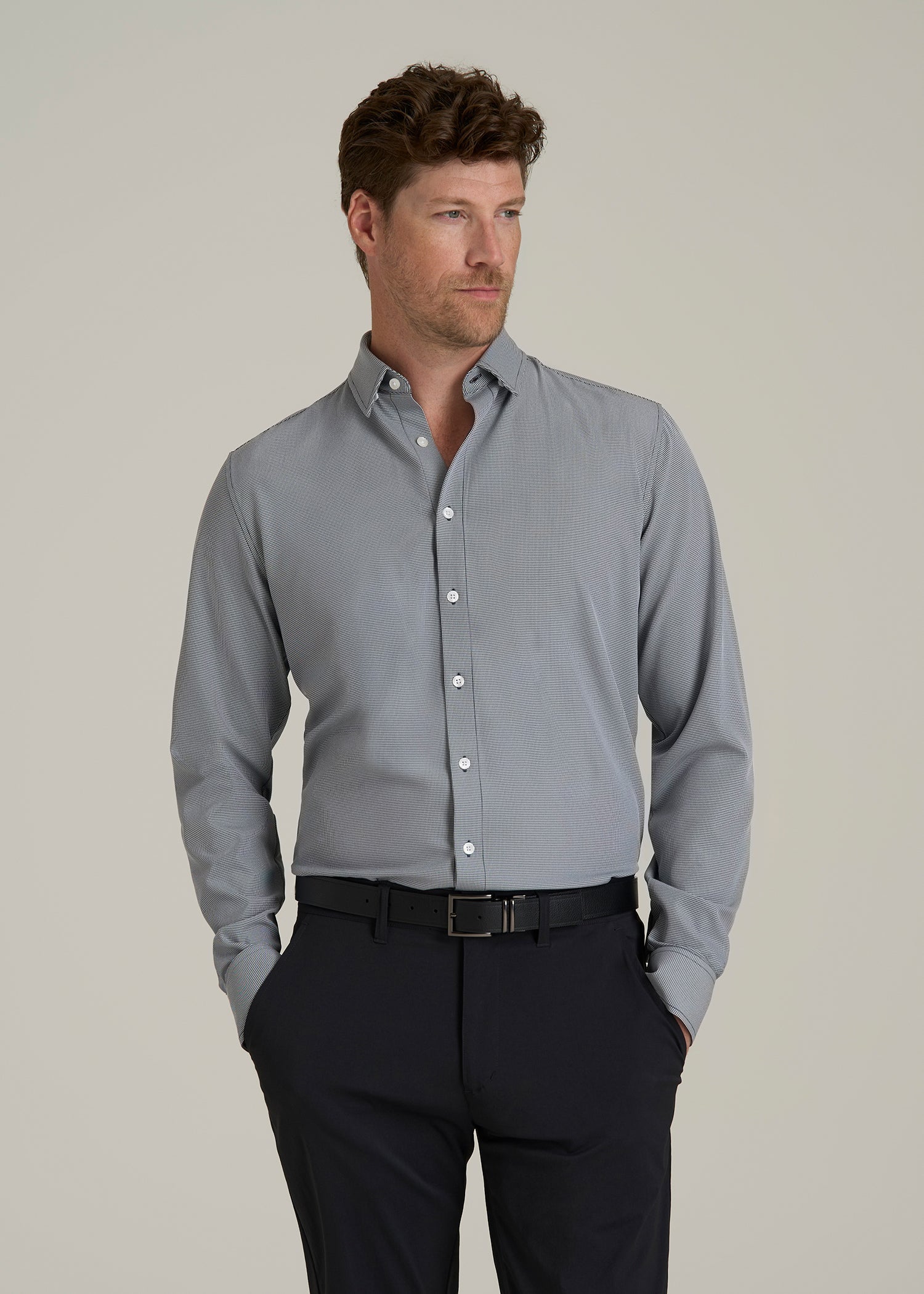 Traveler Stretch Dress Shirt in Navy and White Houndstooth