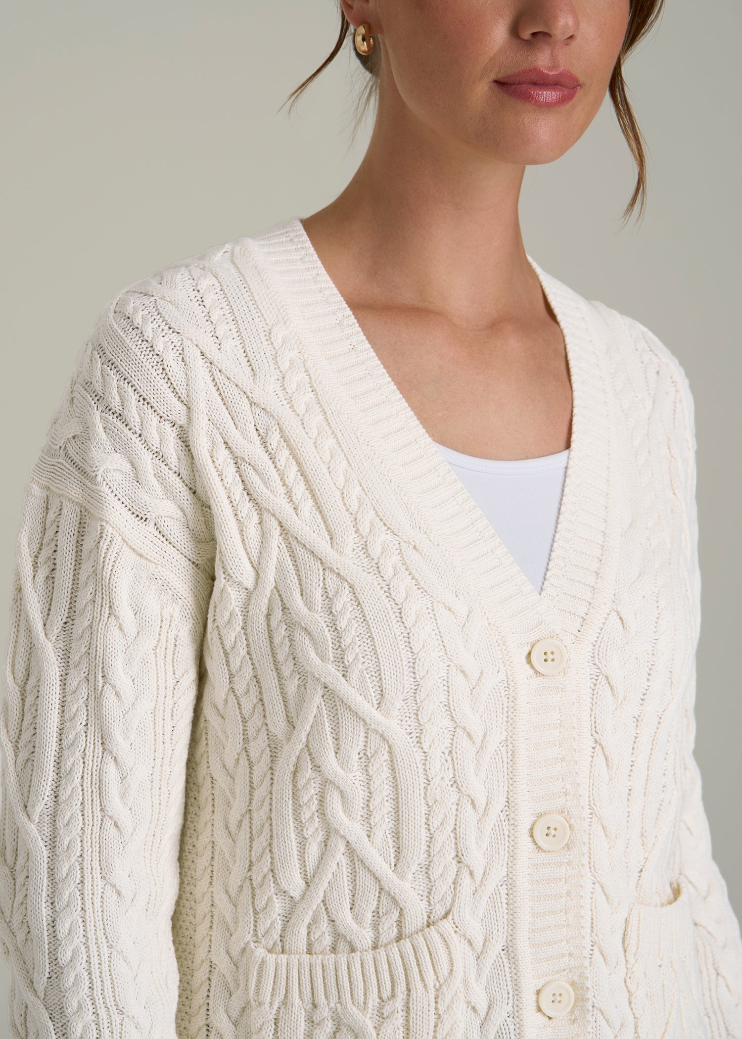 Relaxed Cotton Cable Knit Cardigan for Tall Women in Ecru