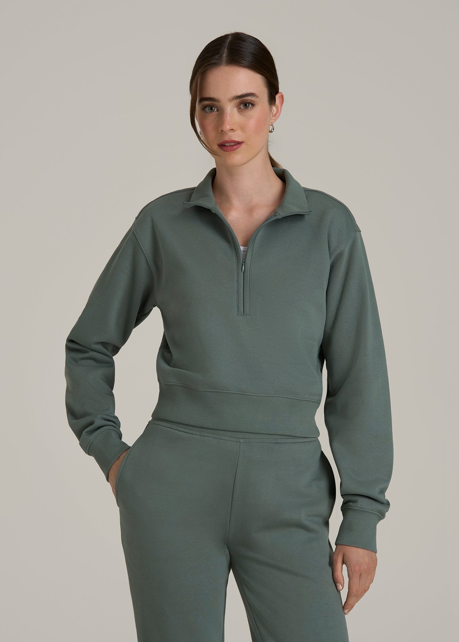 Wearever 2.0 Fleece Half-Zip Cropped Sweatshirt for Tall Women in Balsam Green